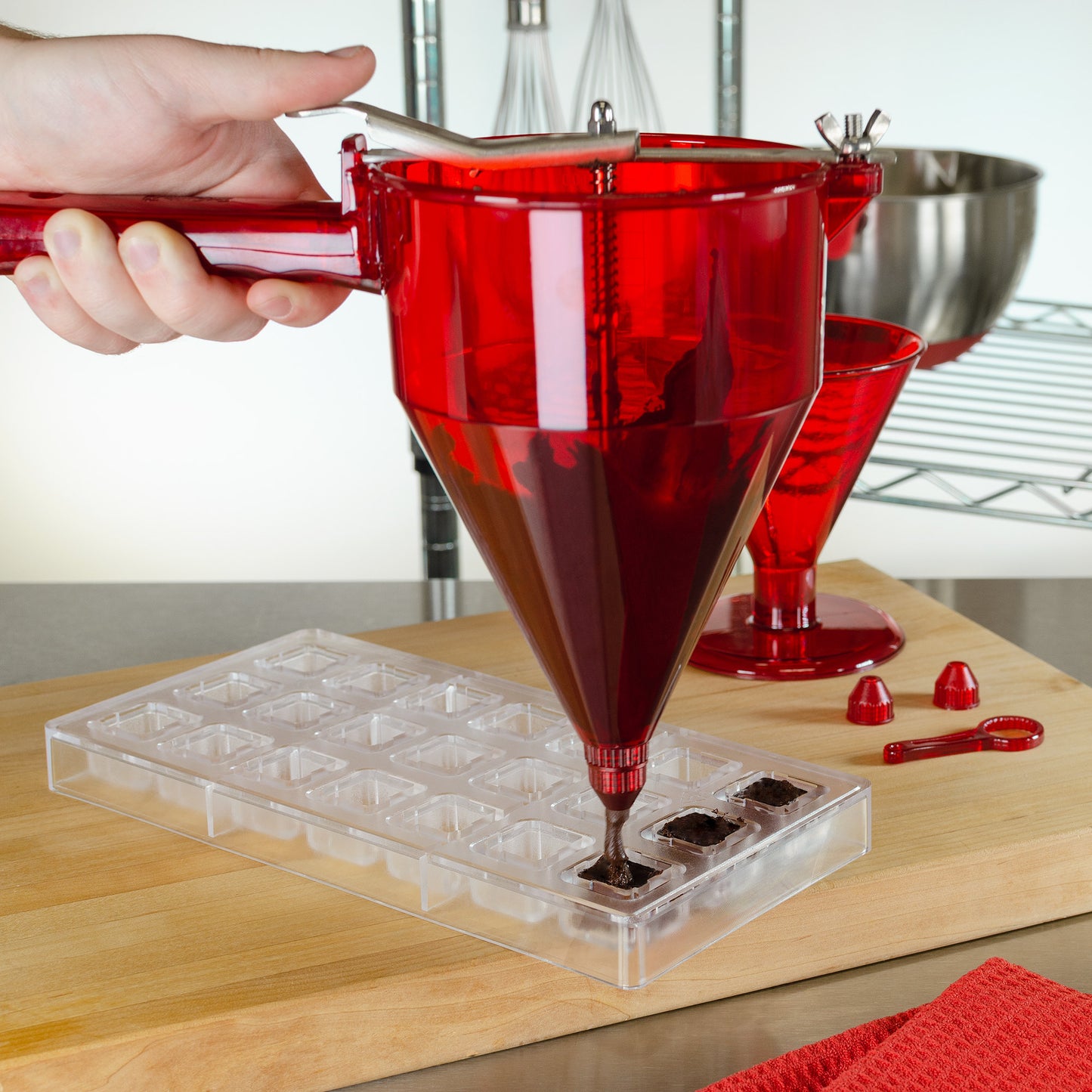 Polycarbonate Confectionery Funnel Dispenser with 3-Piece Nozzle Set and Stand